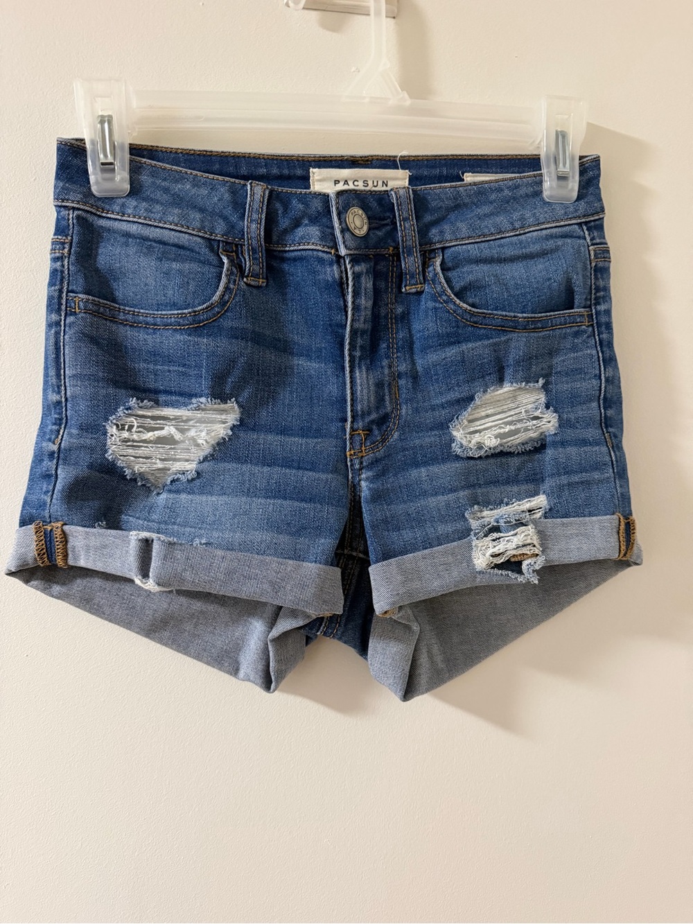 PacSun Distressed Rolled Hem Denim Shorts - Medium Blue